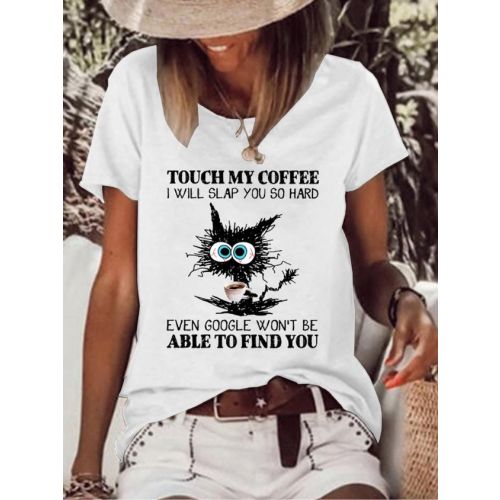 Womens Funny Coffee Black Cat Casual T-Shirt