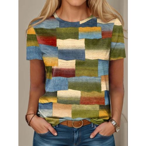 Multicolor Block Casual Loose Crew Neck T-Shirt