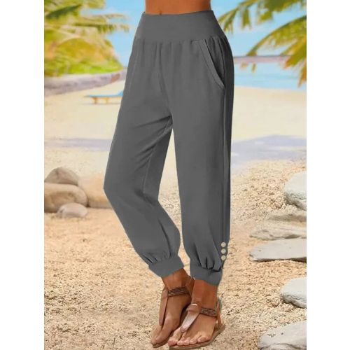 Cotton Casual Loose Plain High Waist Ankle Harem Pants With Pockets