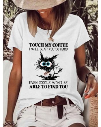 Womens Funny Coffee Black Cat Casual T-Shirt