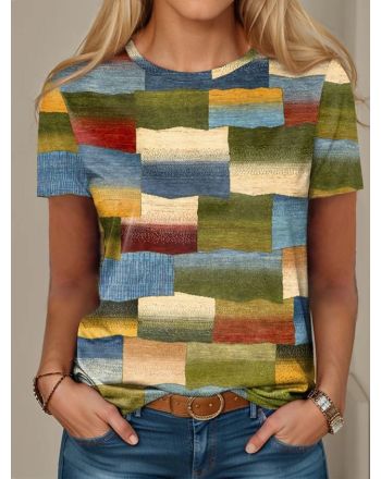 Multicolor Block Casual Loose Crew Neck T-Shirt